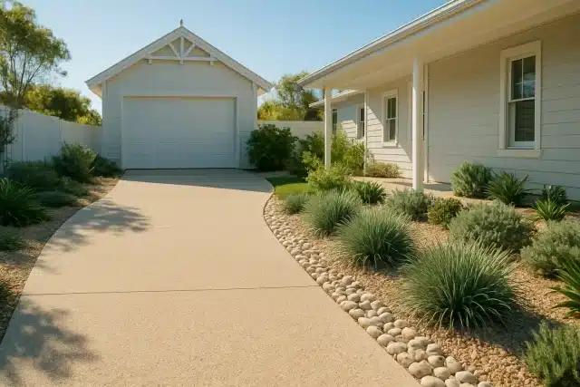 sunlit coastal-style driveway with pale aggregate concrete and decorative pebbles.