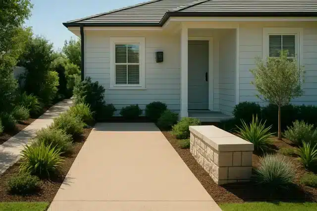 a house with a driveway flanked by garden beds and an integrated stone bench, merging functionality and style.