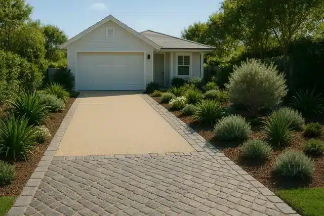 cobblestone and concrete driveway with coastal plants lining the edges
