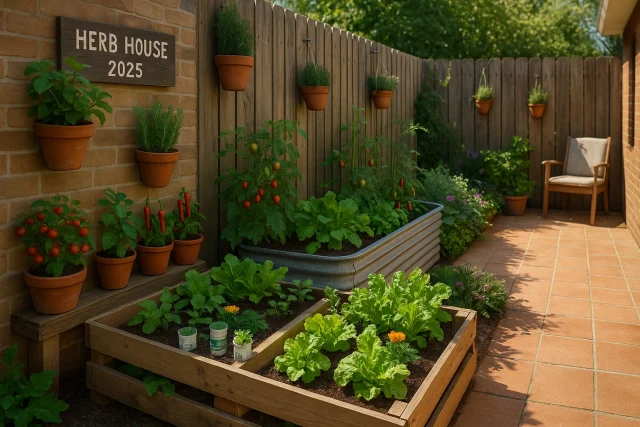 Backyard herb and veggie garden with raised beds and hanging pots