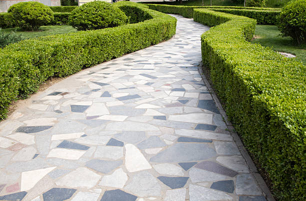 DIY stone or brick garden path (crazy paving) winding through greenery