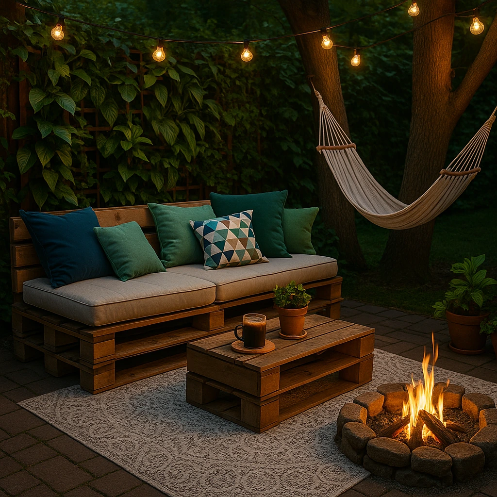Cozy backyard retreat with pallet sofa, colourful floor cushions, a hammock, solar string lights, and an outdoor rug, styled for a budget garden in North Shore.