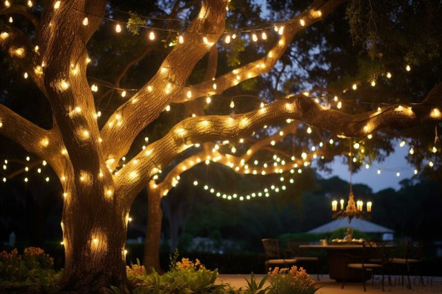 solar garden lights or fairy lights strung between trees at dusk