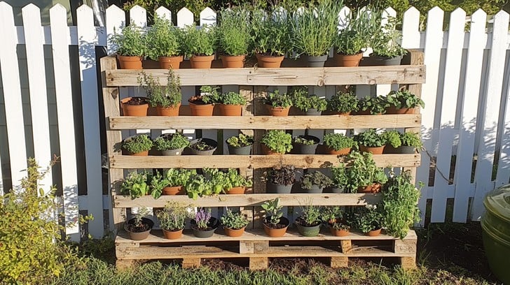 vertical herb garden made from recycled pallets against a sunny fence