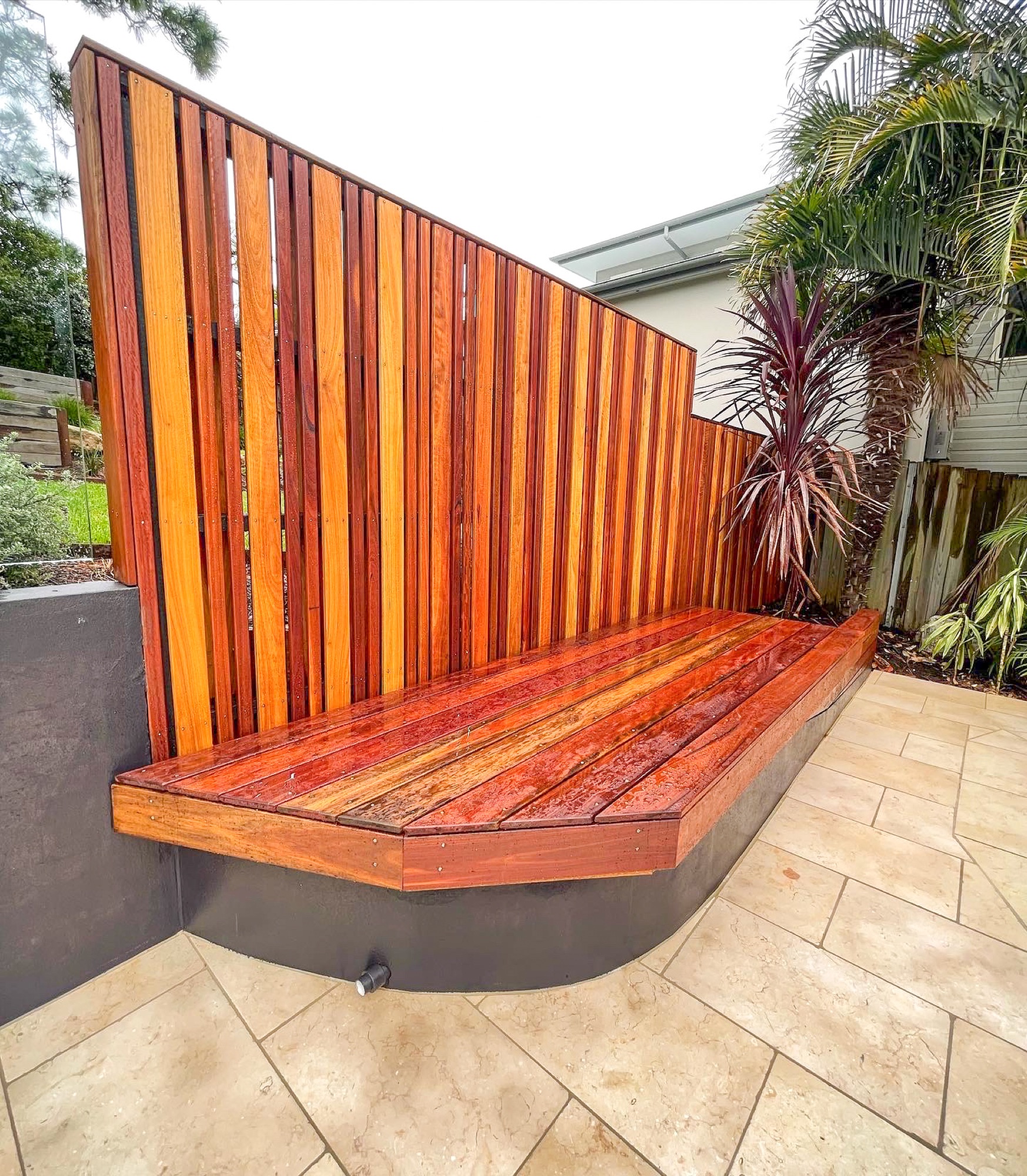 timber-bench-feature-landscaping Custom timber bench and feature screen landscaping